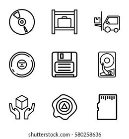 storage vector icons. Set of 9 storage outline icons such as luggage storage, handle with care, arrow up, forklift, diskette, CD, memory card