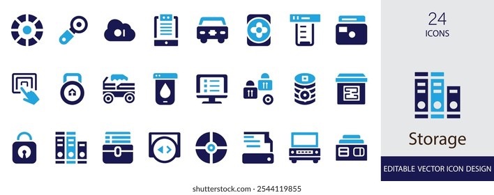 Storage vector illustration  icon set. containing rack, locker, vault, box, database, warehouse, server and more vector illustration