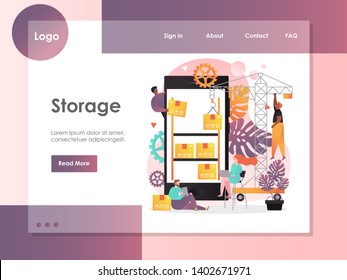 Storage vector website template, web page and landing page design for website and mobile site development. Warehouse storage app concept.