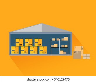 Storage Warehouse With Boxes In Cut. Storage Unit, Warehouse Interior, Storage Boxes, Storage Building, Industrial Storehouse, Cargo And Interior, Distribution And Shelf Illustration