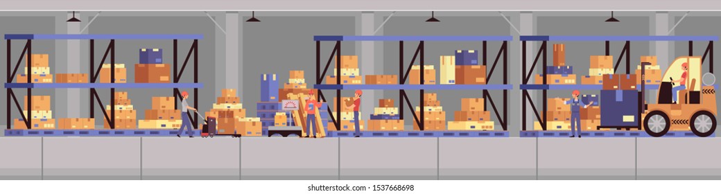 Storage warehouse interior banner - flat cartoon panorama of industrial storage facility with shelves full of cardboard boxes and loading forklift with people - vector illustration