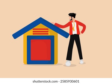 Storage or warehouse, a man in a red suit standing in a flat-design storage room