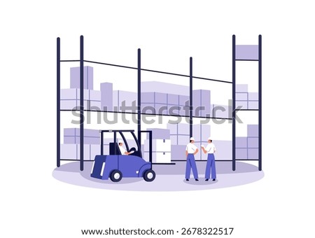 Storage workers lift boxes on shelves with forklift. Loaders are loading and shipping freight from racks in warehouse. Handyman is on lifter with cargo. Flat isolated vector illustration on white