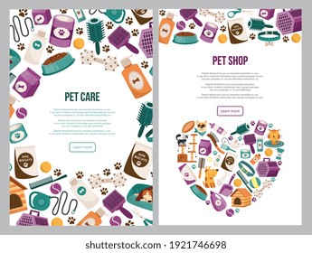Store with accessories for care pets cats and dogs. Design posters with advertise of animal shops on sale domestic mammal food, toys and various supplies. Vector flat illustrations