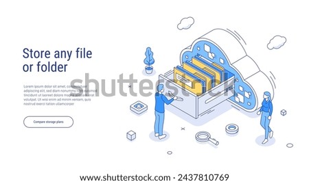 Store any file or folder. Isometric database concept. Online digital database management. Man arranges files with folders in cloud storage. 3d outline illustration.