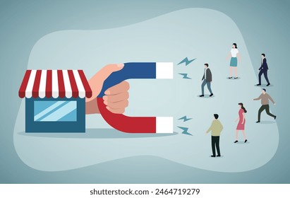 Store attract customers. Inbound marketing attract clients shopping . Marketing sale, advertisement concept.