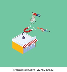 Store attraction customers 3d isometric vector illustration concept for banner, website, landing page, ads, flyer template