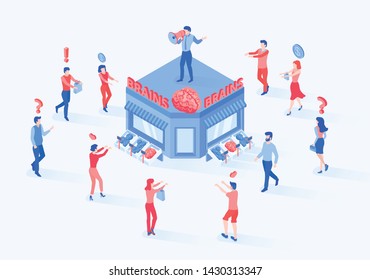 Store attraction customers.  Inbound marketing attract clients shopping . Buying shop business attractive shoppers business vector isometric concept. Brains that attract customers to shop. Zombie.