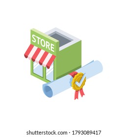 Store aware medal star Scroll. Vector 3d isometric, color web icons set, new flat style. Creative illustration, idea for infographics.