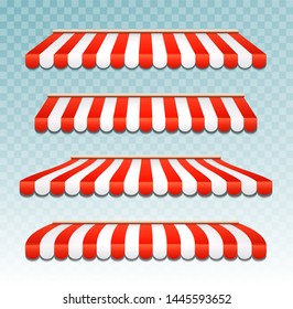 Store awning shop canopy. Store tent red striped roof front view. Restaurant, grocery or cafe awning street umbrella.