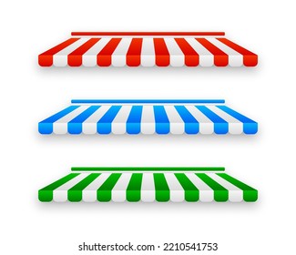 Store awnings. Restaurant tent, shop canopy with red stripes. Market roof set of tent for shop, canopy for store, cafe street. Vector illustration