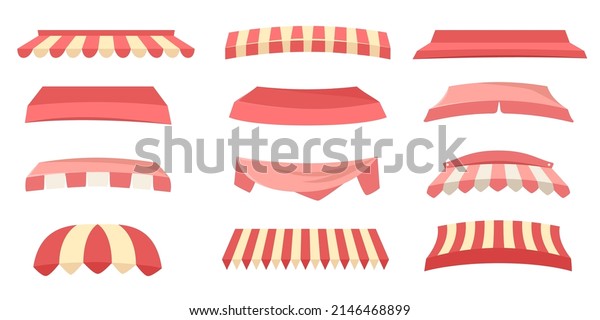 Store awnings. Restaurant tent, shop canopy with\
red stripes and market roof vector set of tent for shop, canopy for\
store, cafe street
