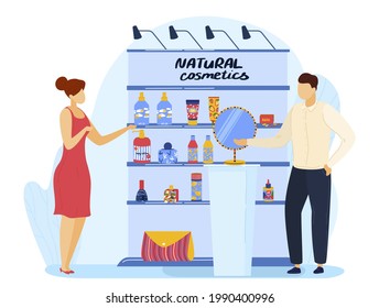 Store With Beauty Product, Natural Cosmetic, Vector Illustration, Woman Character At Makeup Shop, Flat Man Sell Cosmetic For Body Care.