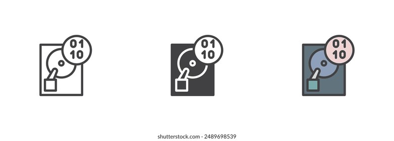 Store binary file different style icon set. Line, glyph and filled outline colorful version, outline and filled vector sign. Hard drive disk code symbol, logo illustration. Vector graphics