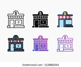 Store Bitcoin market shop icon set with line, outline, flat, filled, glyph, color, gradient. Editable stroke and pixel perfect. Can be used for digital product, presentation, print design and more.