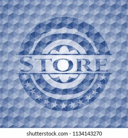 Store blue badge with geometric pattern background.