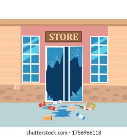 Store broken. Robbery concept. Broken doors facades of store. Crime scene vandalism, cracked glass, goods. Vector illustration flat cartoon design isolated