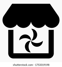 Store building and air conditioning. Fan in the supermarket. Air conditioning store. Vector icon.