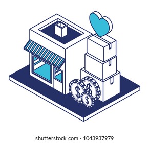 store building with boxes carton and coins isometric icon