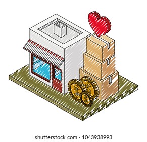 store building with boxes carton and coins isometric icon