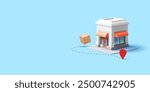 Store building, boxes, location, 3D. Ordering, logistics and delivery of goods from your warehouse. Store location. Business profits, trade. Vector illustration.