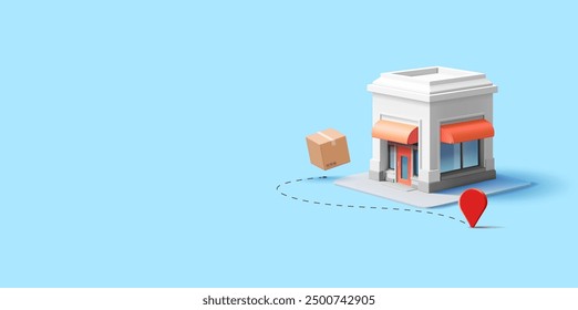 Store building, boxes, location, 3D. Ordering, logistics and delivery of goods from your warehouse. Store location. Business profits, trade. Vector illustration.