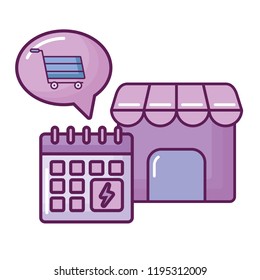 store building with calendar and shopping cart