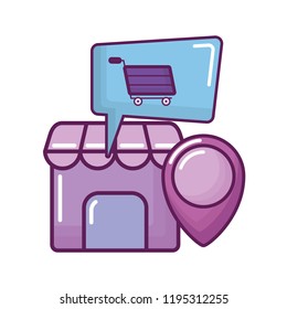 store building with cart shopping and pointer