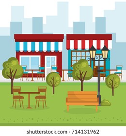 store building with cityscape scene