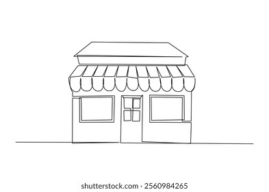 Store building in continuous one line drawing. Editable vector.