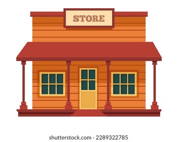 Store building designed in wild west manner. Isolated American architecture and traditional elements. Shop with porch and window, business and selling in old times. Vector in flat style illustration