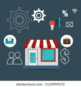 store building with electronic commerce icons