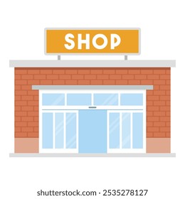 Store building exterior with open door, commerce and retail concept, isolated