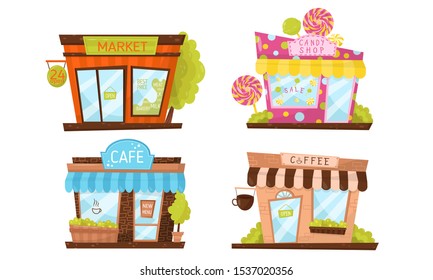 Store Building Facade Vector Illustrated Set. Elements Isolated On White Background.