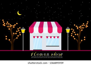 Store building in flat design. Abstract coloured Store building landscape in vivid vector with starry night. vector illustration.