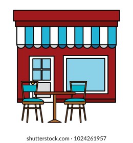 store building front with chairs and table