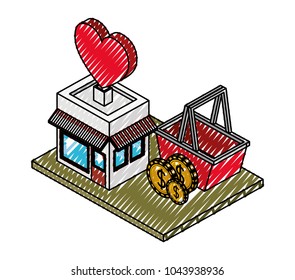 store building with heart and basket