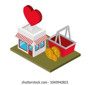 store building with heart and basket