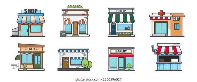 conjunto de iconos de almacenamiento y construcción. Conjunto de construcción de la tienda. Colección de objetos de ciudad. Ilustración del vector