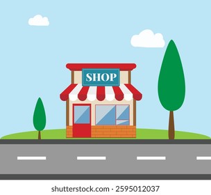 Store building icon vector, shop market front window red graphic illustration flat cartoon isolated with road and trees, modern storefront facade design, supermarket boutique cute