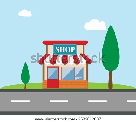 Store building icon vector, shop market front window red graphic illustration flat cartoon isolated with road and trees, modern storefront facade design, supermarket boutique cute