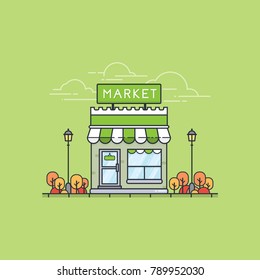 Store building illustration. Grocery store facade. Shop and store in flat design style on green background. Flat design store front. Vector illustration