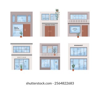 Store building illustration. Minimarket building. Caffe building. Beauty salon. Building architecture. 