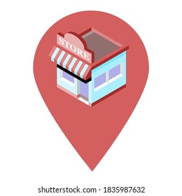 Speichern Sie das Pin-Zeiger-Symbol für den Baustandort. Element des Kartenpunktes für mobiles Konzept und Web-Apps. Icon für Website-Design und App-Entwicklung. Premium-Shop-Gebäude, Markt-Flachbild-Symbol-Zeichen.