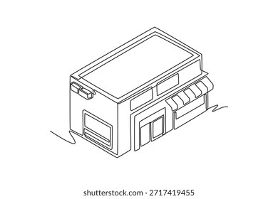 Edificio de tiendas con una fachada de estilo moderno. Linda casa y concepto de edificio. Diseño de dibujo de línea única. Ilustración gráfica de Vector