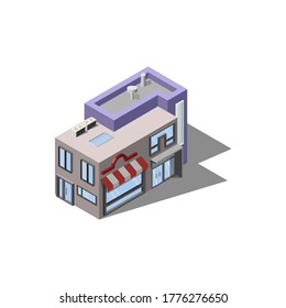 Store building with a modern-style facade, isometry. Megalopolis. Architecture.