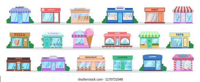 Store building set. Collection of public city objects. Bakery and candy shop, cafe and restaurant. Shop exterior. Isolated flat vector illustration