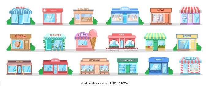 Store Building Set. Collection Of Public City Objects. Bakery And Candy Shop, Cafe And Restaurant. Shop Exterior. Isolated Flat Vector Illustration