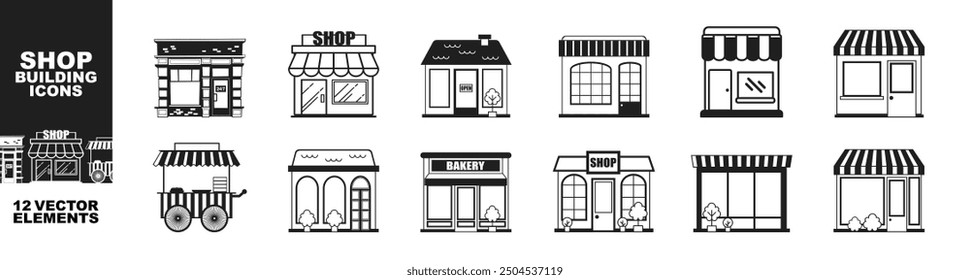 Store building set. Shop building cartoon with mini store symbols isolated on transparent background