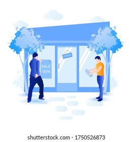 Store building with shop windows. Happy customers enter the building shop. Sale signs at shop windows for business promotion.
